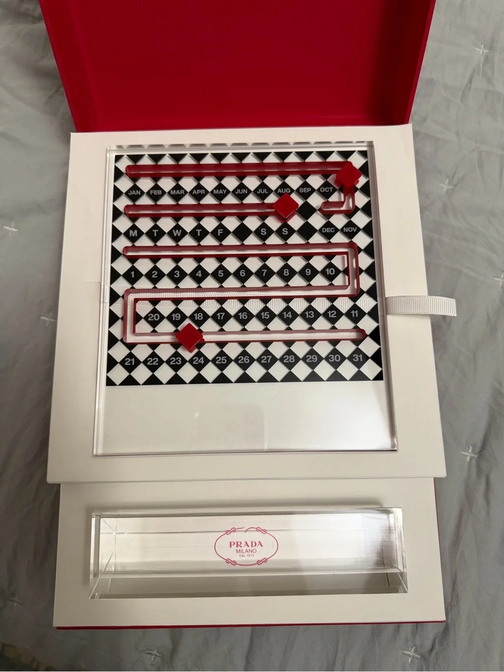 Prada Black & White Acrylic Perpetual Calendar with Red Markers